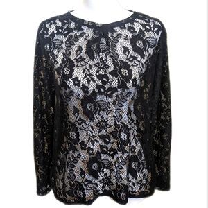 Zara Collection black sheer lace long sleeve blouse, white pearl accents M